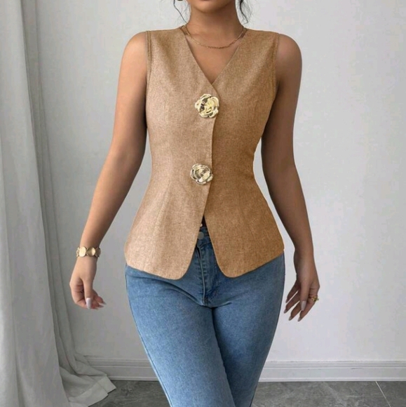 Women's V-Neck Slim Fit Front Gold Rose Button Decor Camisole - Picture 6 of 6